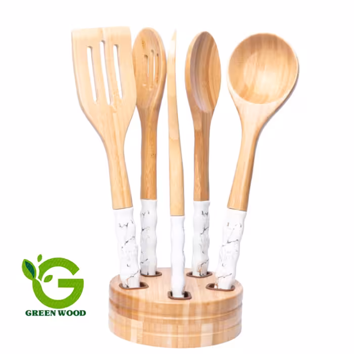 سرویس کفگیر و ملاقه بامبو سرامیک 6 پارچه ماربل بهمراه استند  White کد Gw40103005