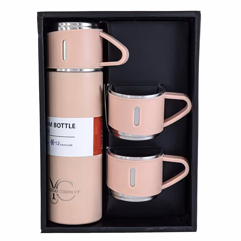 ست فلاسک و فنجان یادگار کمپانی صورتی مدل کادویی مجموعه 4 پارچه