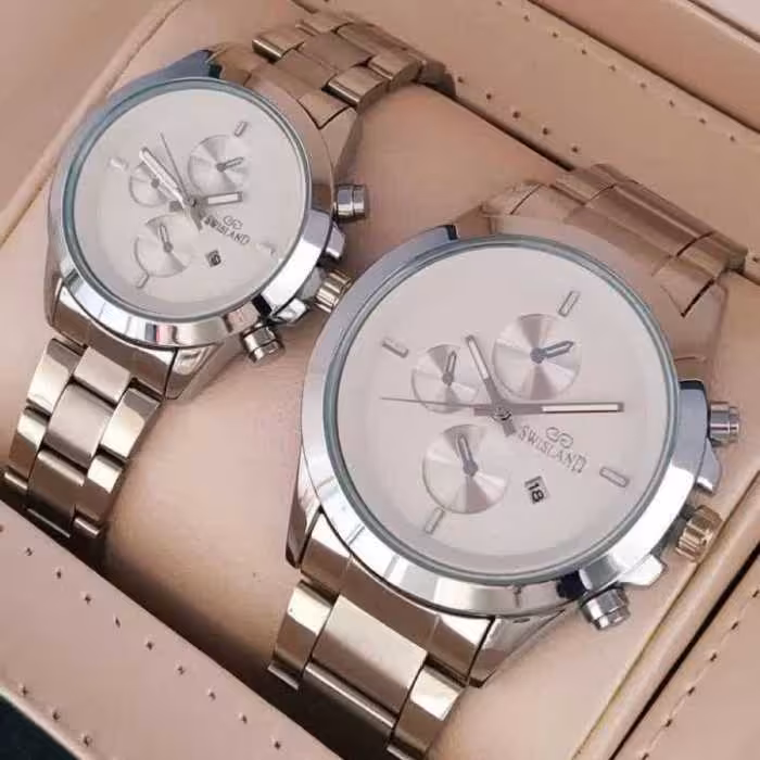 ست ساعت مچی مردانه و  زنانه بند استیل رنگ ثابت طرح سه موتوره 