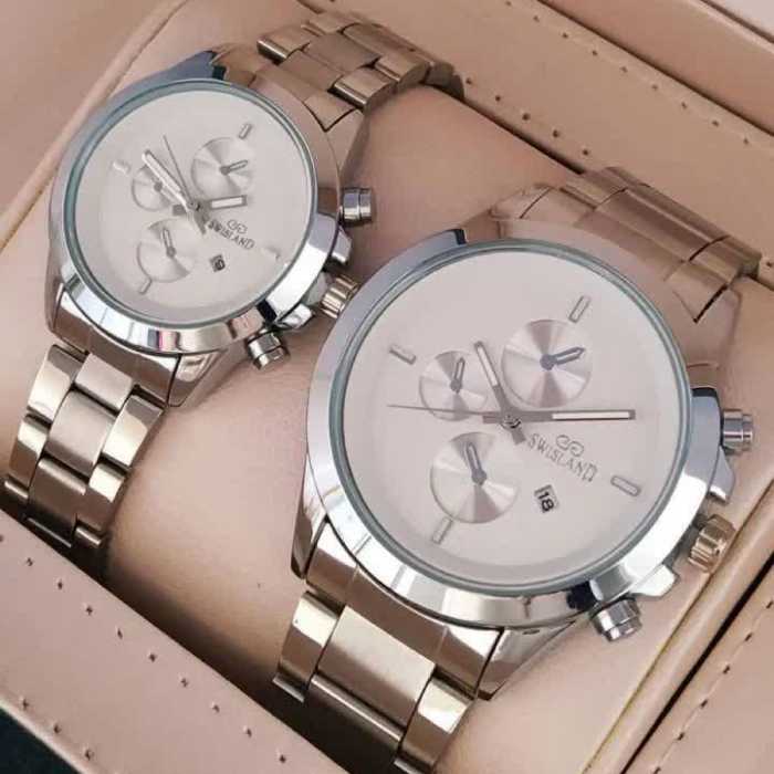 ست ساعت مچی مردانه و  زنانه بند استیل رنگ ثابت طرح سه موتوره 