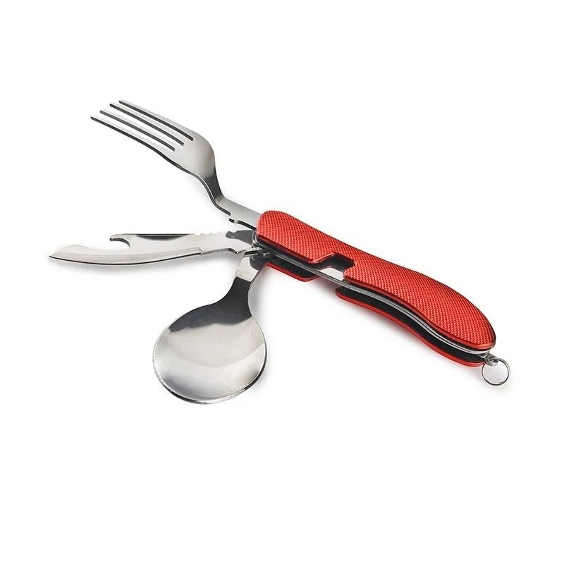 ست قاشق و چنگال و کارد کوهنوردی چند کاره استیل تاشو 