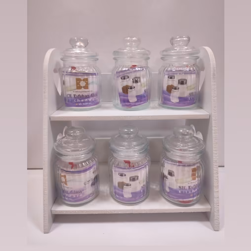 سرویس جا ادویه شیشه ای  6تایی همراه با استند و قاشق با کیفیت