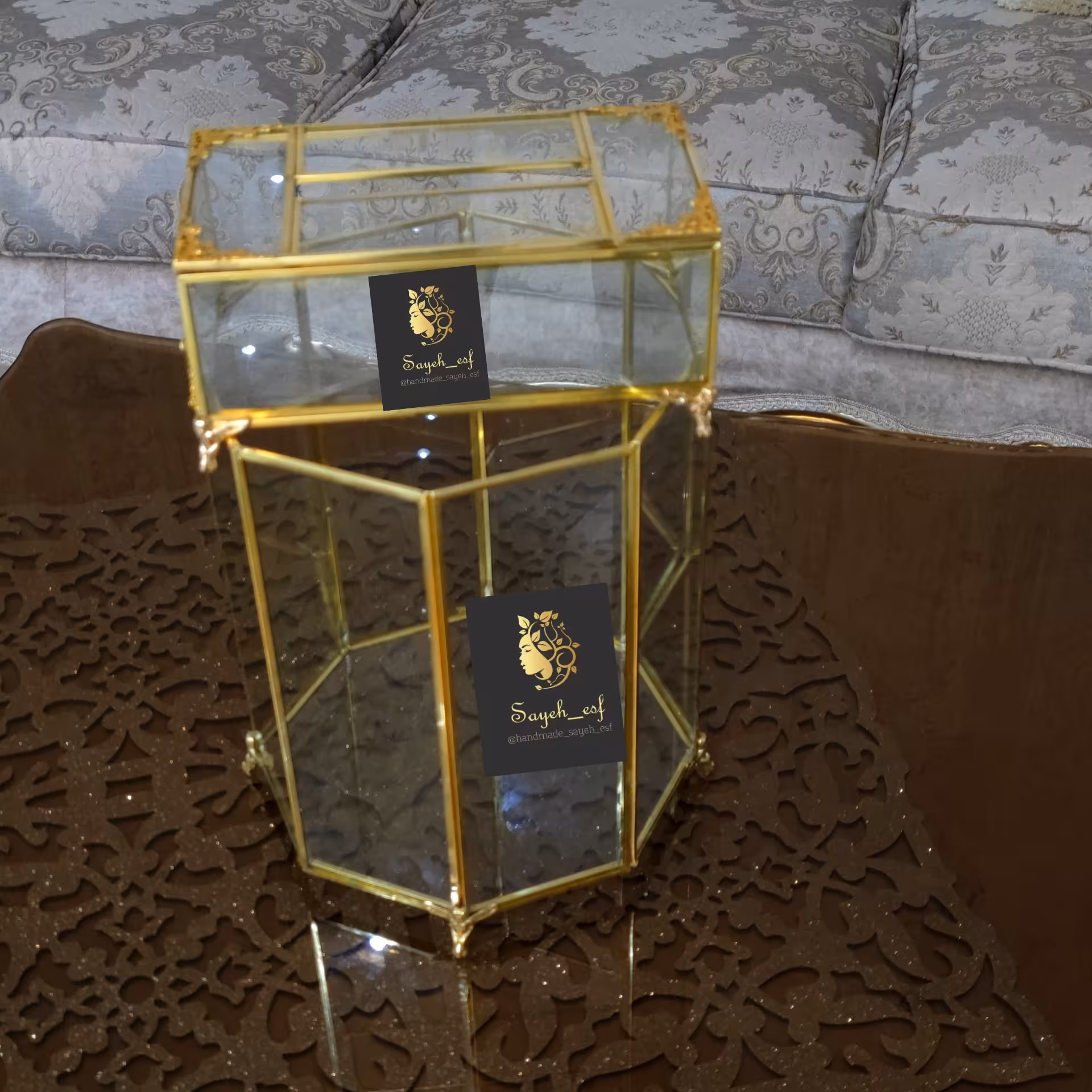 سطل 8 ضلعی و جا دستمال شیشه برنجی