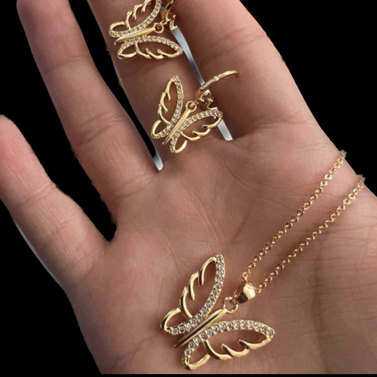 نیم ست طرح پروانه نگین دار با رنگ ثابت و ضد حسایت و آبکاری 