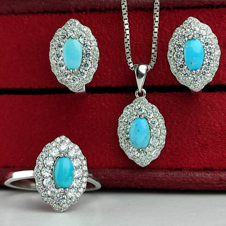 نیم ست فوق العاده زیبای فیروزه نیشابوری اصلی عیارنقره925