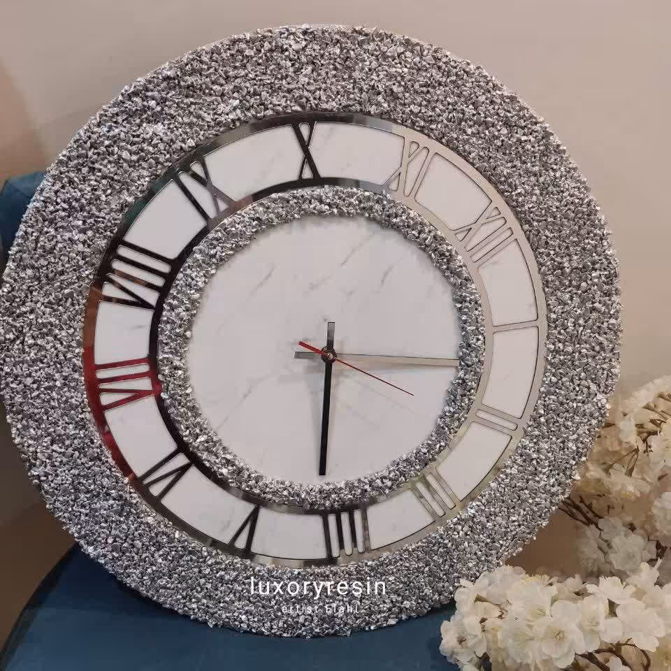 ساعت نقره ای رزین سایز 50 سانت موتور ساعت آرام گرد عقربه مولتی استایل 