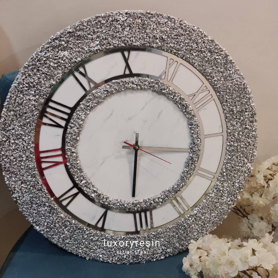 ساعت نقره ای رزین سایز 50 سانت موتور ساعت آرام گرد عقربه مولتی استایل 