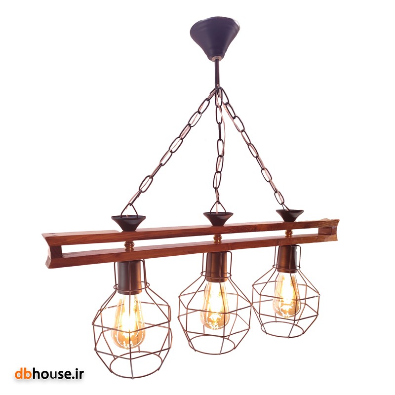 لوستر چوبی خطی دوبل . ترکیب چوب و فلز . 