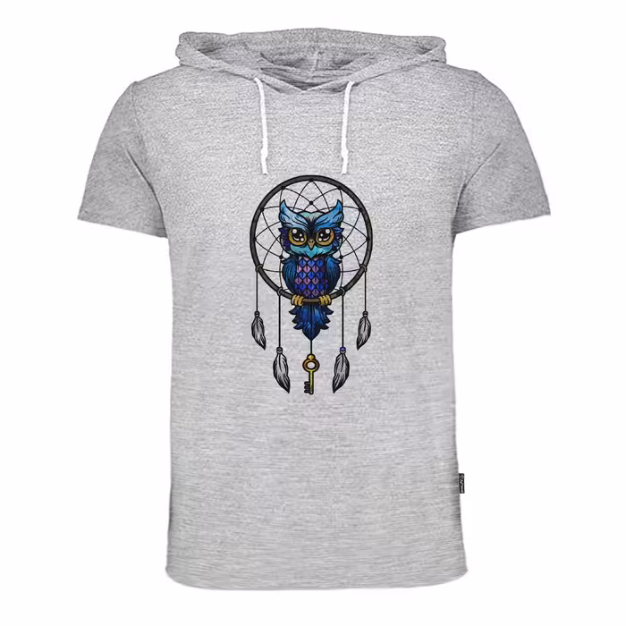 تیشرت مردانه کلاه دار به رسم طوسی ملانژ طرح جغد کد 91014