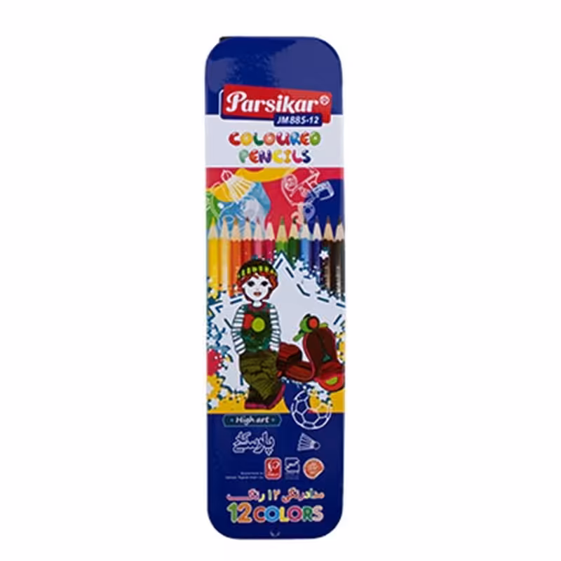 مداد چوبی 12 رنگ جعبه فلزی کشویی مدل jm885 پارسیکار آساناپخش 