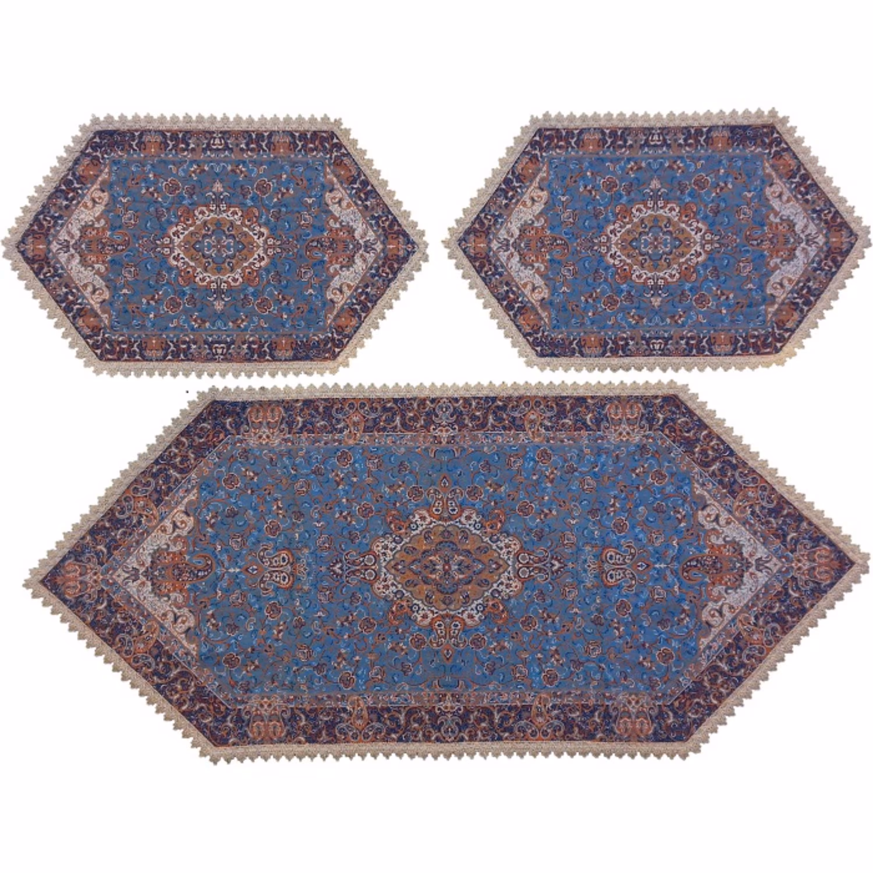 رومیزی سرویس ترمه ابریشم  کد TRSETE12  نفیس رنگ آبی  آستر آبی