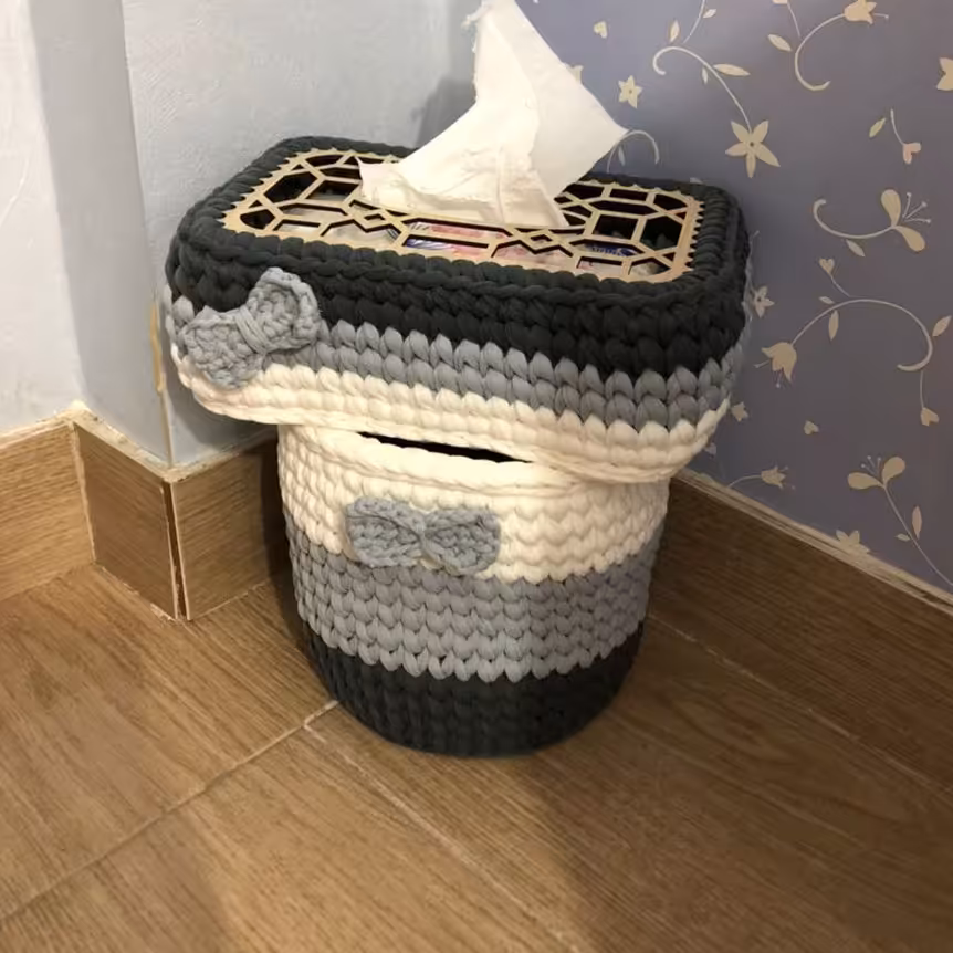 ست جا دستمالی و سطل کنار سالنی تریکو، رنگبندی دلخواه شما