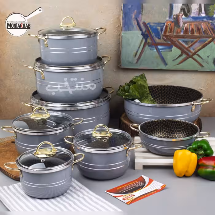 سرویس قابلمه 14 پارچه داخل زنبوری رنگ طوسی 