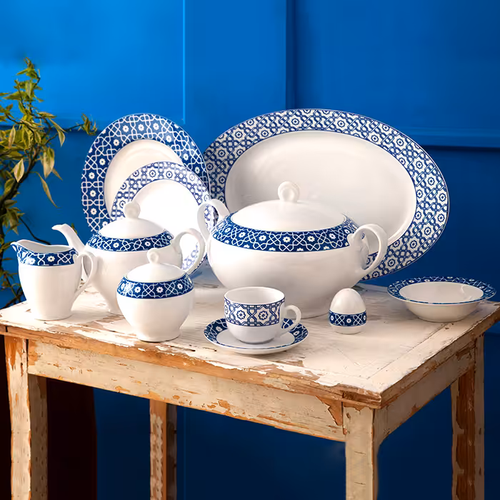 سرویس چینی زرین 12 نفره کامل میبد سرمه ای (102 پارچه)