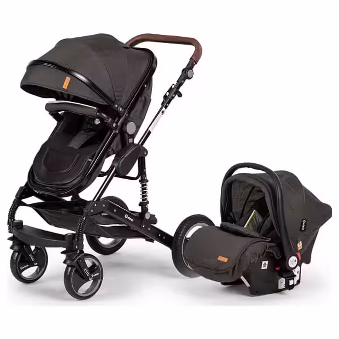 کالسکه elele مدل velar  کریکات شونده با صندلی رو به مادر و  رنگ مشکی-ذغالی و چرم دوزی قهوه ای روشن     elele velar /black &grey