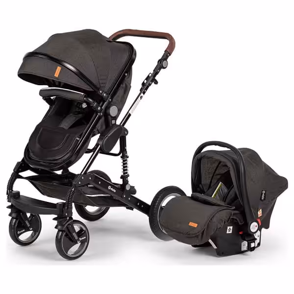 کالسکه elele مدل velar  کریکات شونده با صندلی رو به مادر و  رنگ مشکی-ذغالی و چرم دوزی قهوه ای روشن     elele velar /black &grey