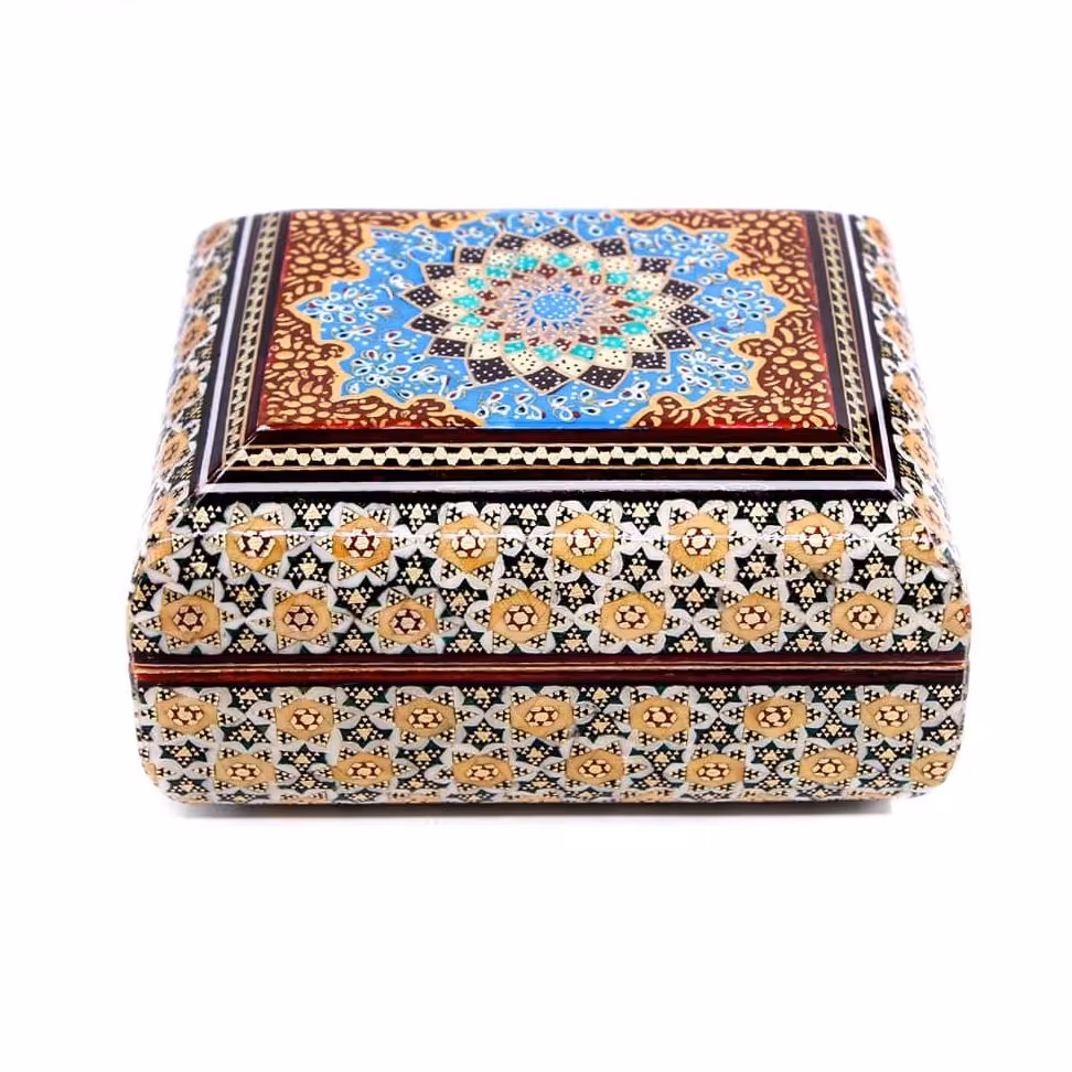 جعبه جواهرات خاتم کاری مدل زیرو رو گرد داخل خاتم تذهیب اعلا