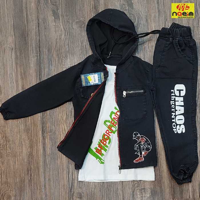 ست سه تیکه پسرانه و دخترانه کتان کاغذی هودی شلوار زیپخور سایز 45 سنین 4 تا 6 سال بهاره شلوار اسلش