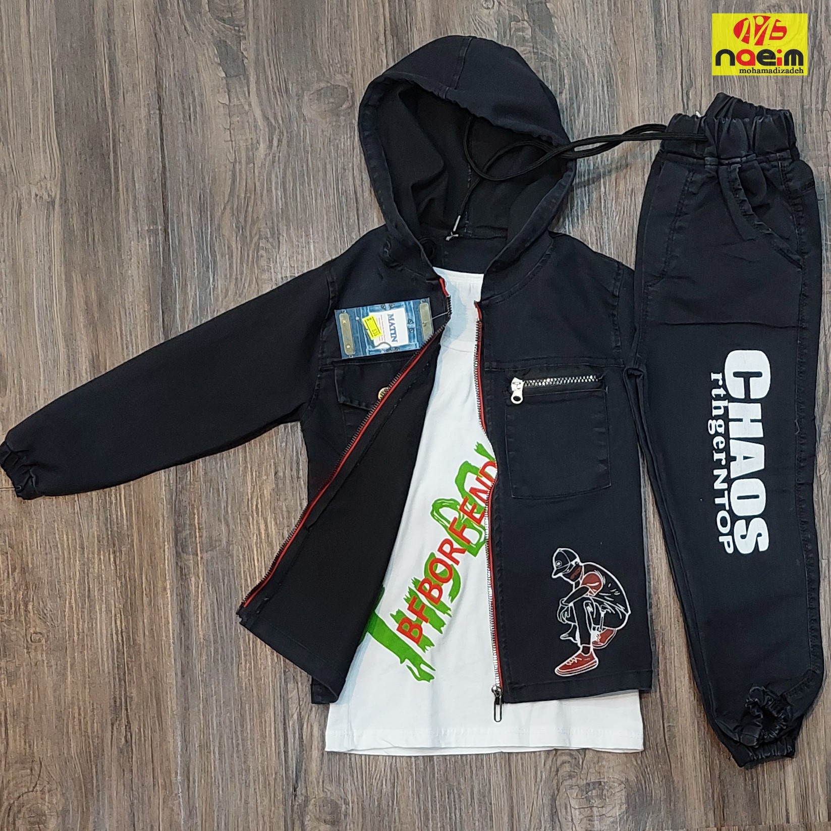 ست سه تیکه پسرانه و دخترانه کتان کاغذی هودی شلوار زیپخور سایز 45 سنین 4 تا 6 سال بهاره شلوار اسلش