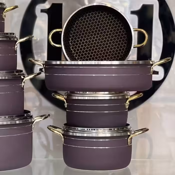 سرویس قابلمه 14  پارچه برند کیژان، مشکی سنباده ای و بادمجانی