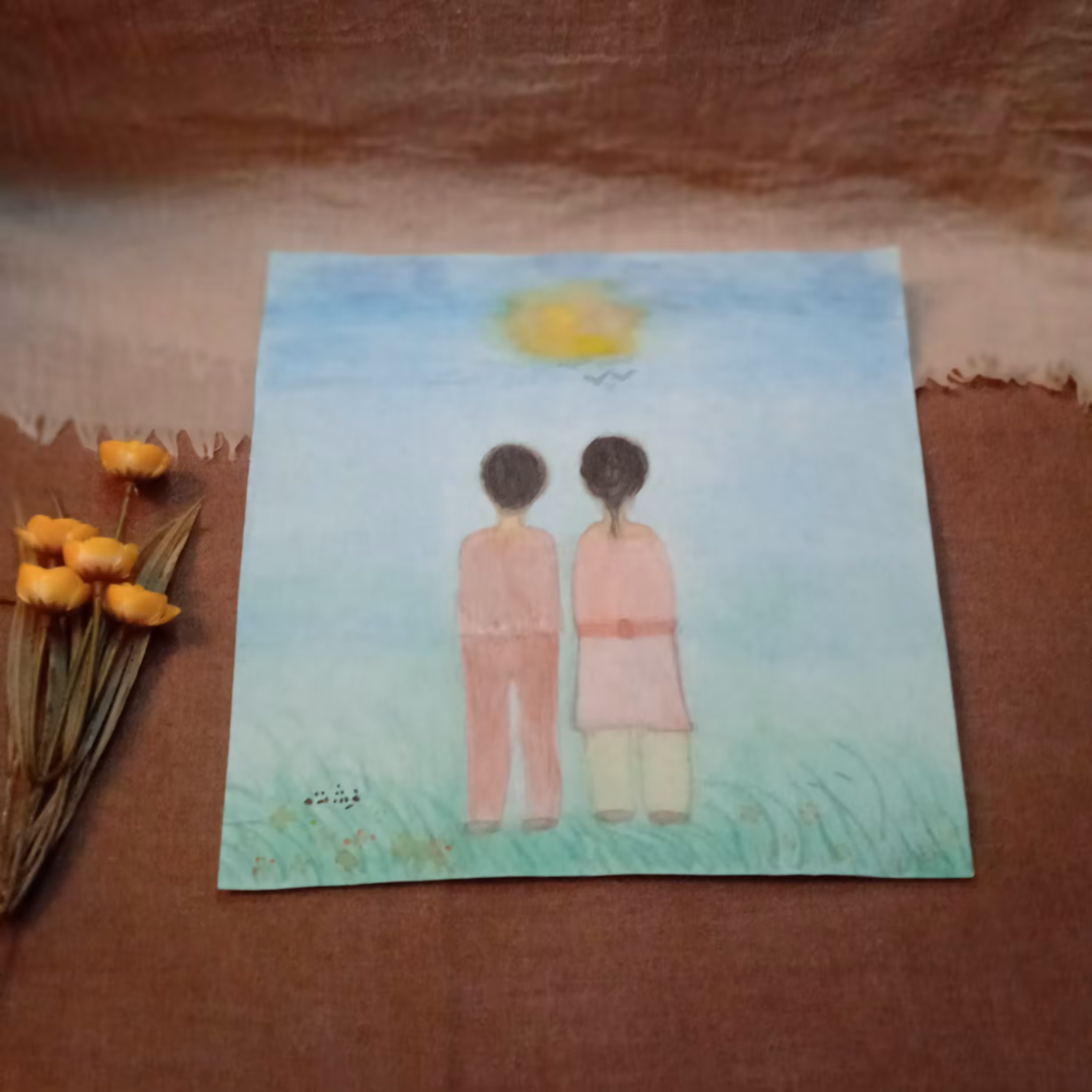 نقاشی آبرنگ بدون قاب طرح دوستی ابعاد 25.5 در 25.5 سانتی متر