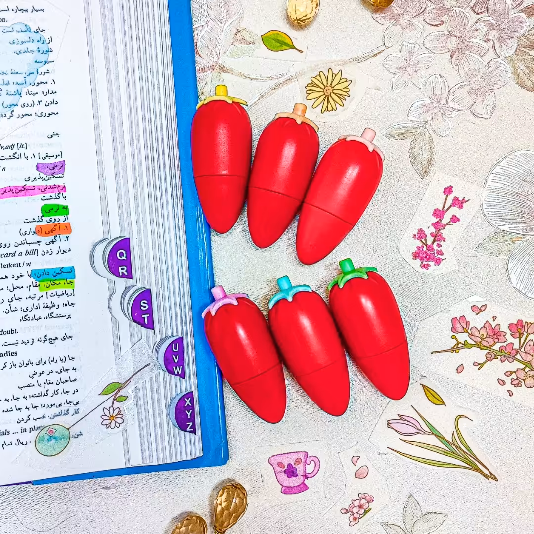 ماژیک هایلایت گوجه یا فلفلی . لوازم تحریر فانتزی ماژیک فانتزی هایلایتر علامت زن  رنگی رنگی ماژیک رنگی