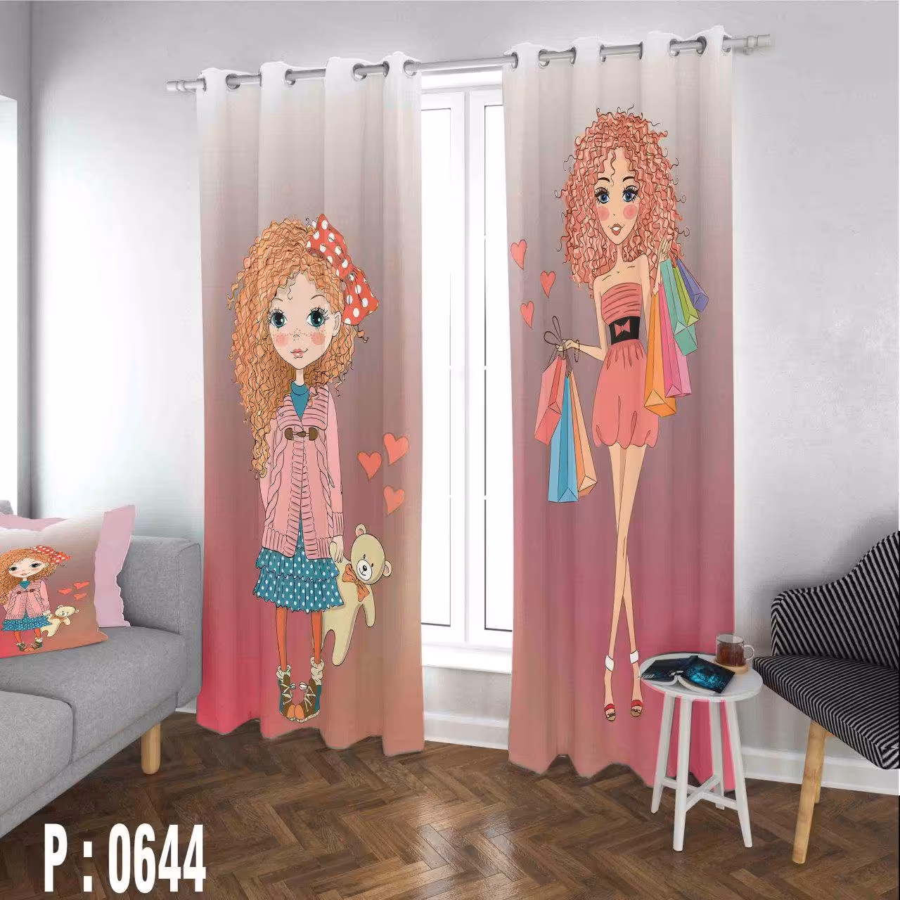 پرده چاپی پانچی اتاق کودک  طرح دخترانه         کد P:644