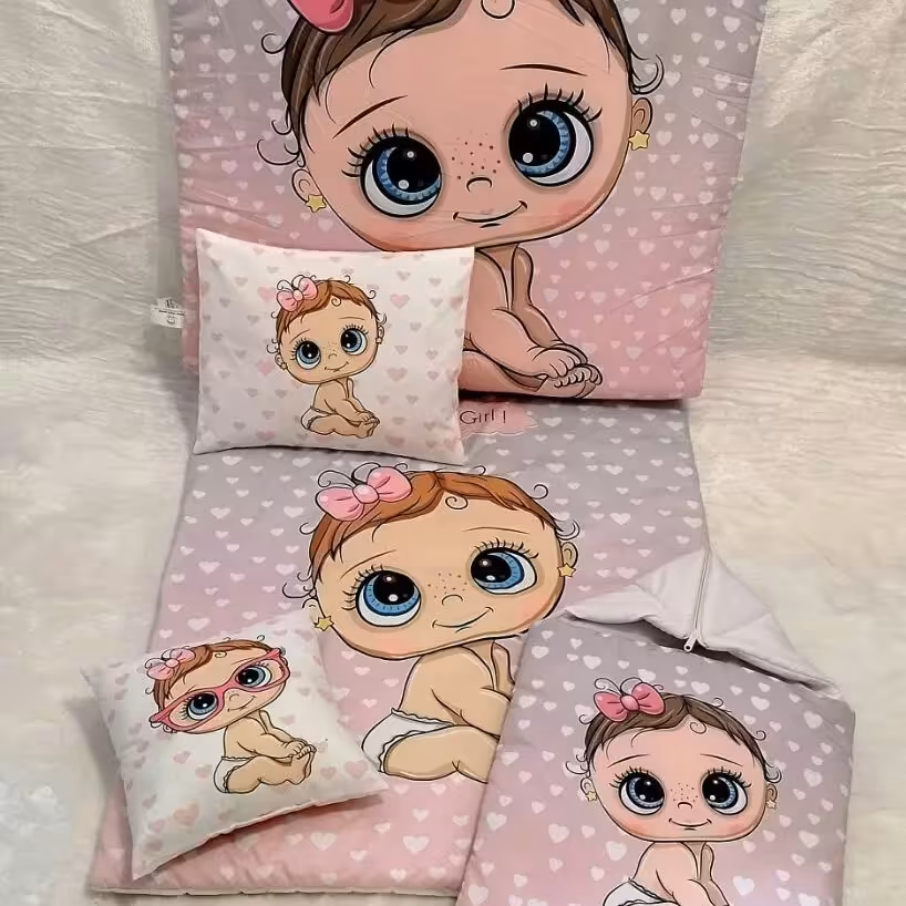 سرویس خواب 5 تکه نوزاد طرح دختر بچه صورتی 