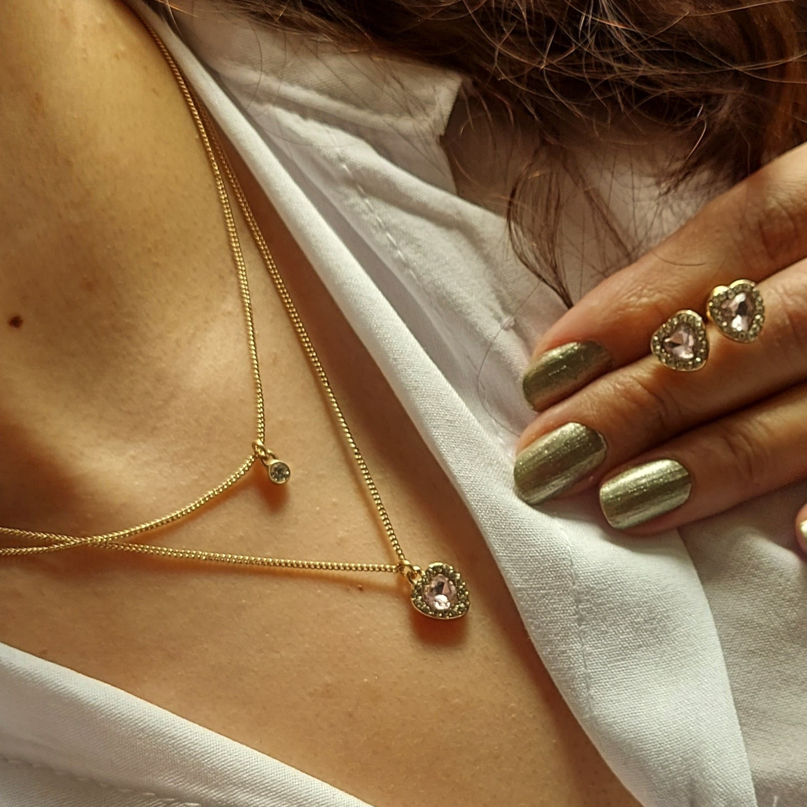 نیم ست قلب وارداتی با زنجیر 2لاین و نگین صورتی