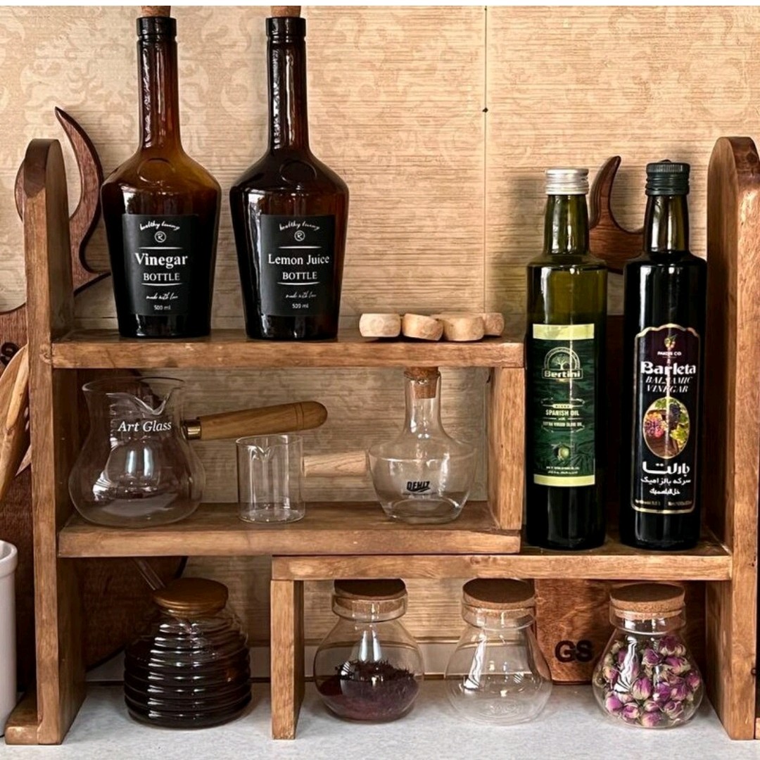 دکوری چوبی بطری و قهوه و ماگ