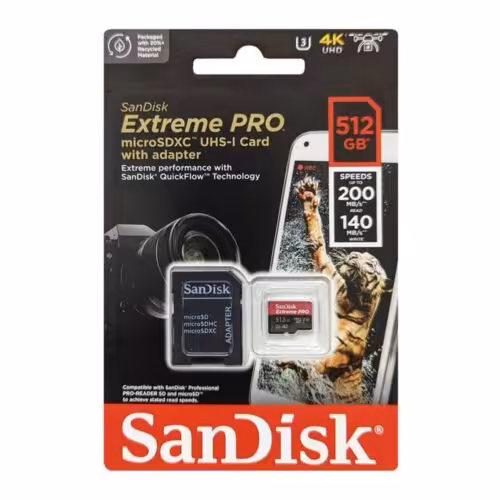 کارت حافظه microSDXC سن دیسک مدل Extreme PRO کلاس A2 استاندارد UHS-I U3 سرعت 200MBps ظرفیت 512