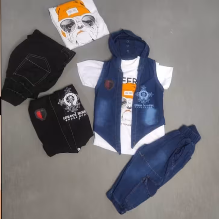 سه تیکه تیشرت ژیله کلاه دار و شلوارک لی