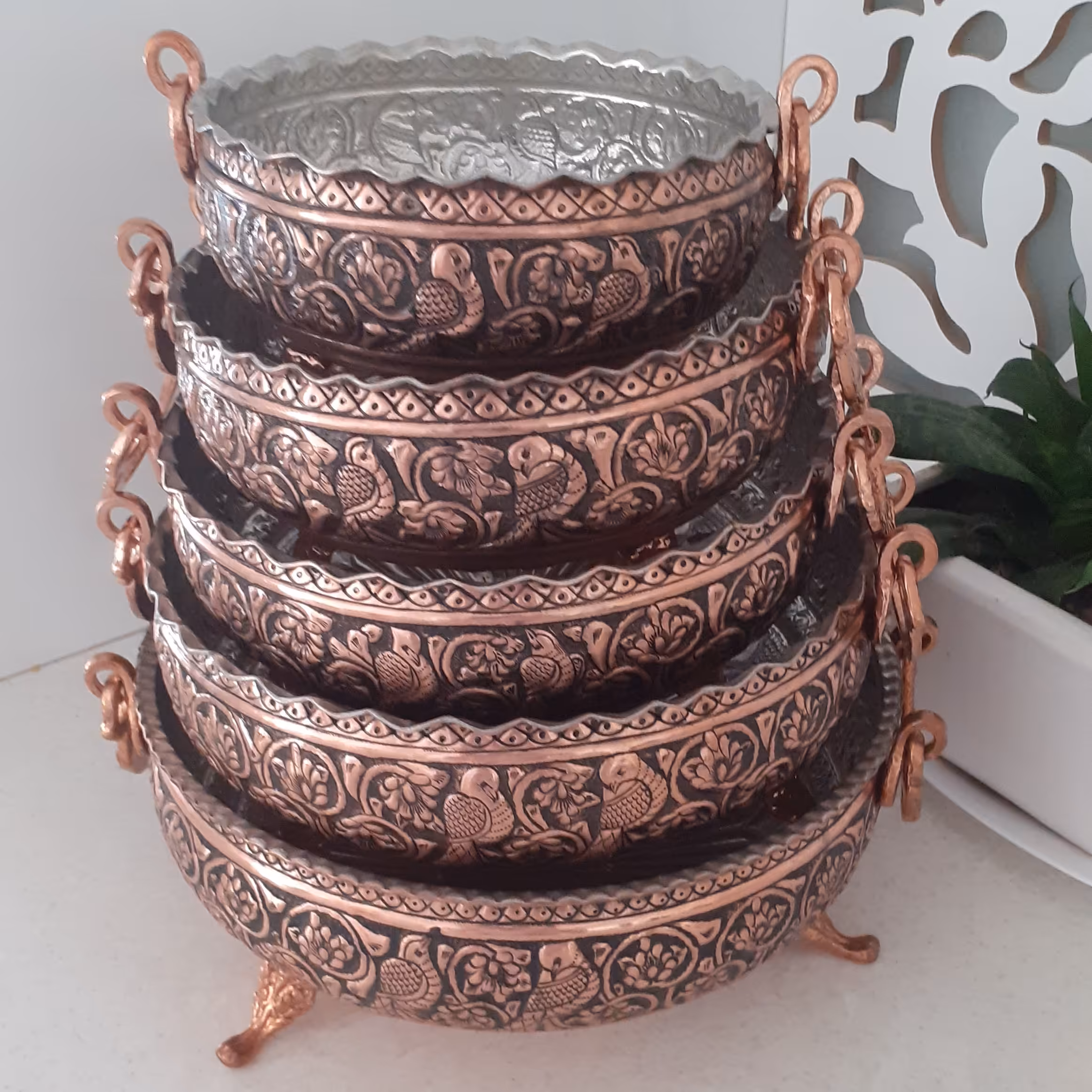 گز خوری مسی قلم زنی شده و نانو شده  گل و مرغ اعلا  