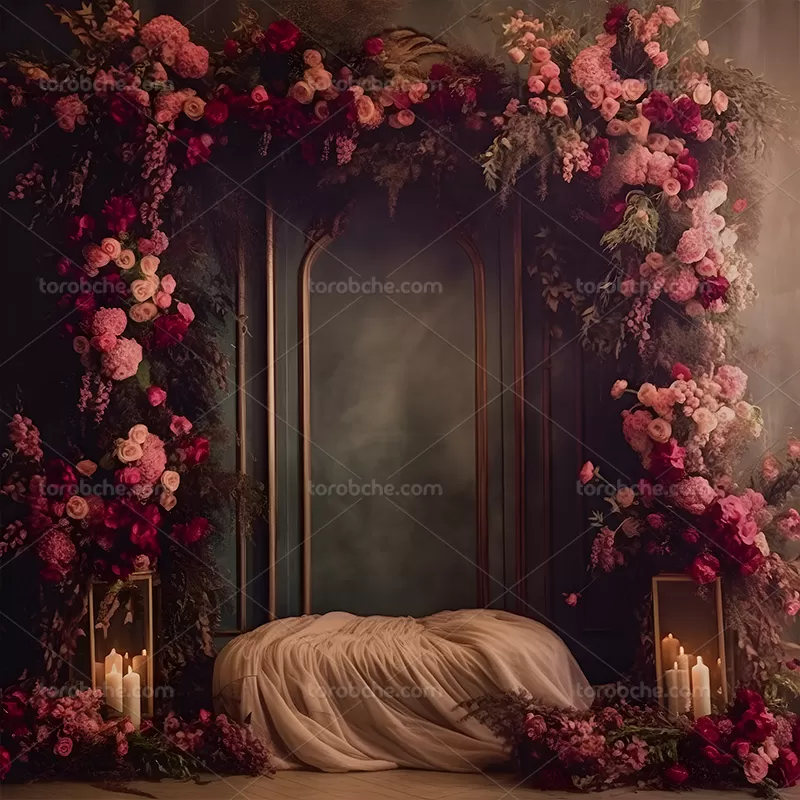 بکدراپ عروس و داماد با گل های صورتی و قرمز | گرافیک با طعم تربچه