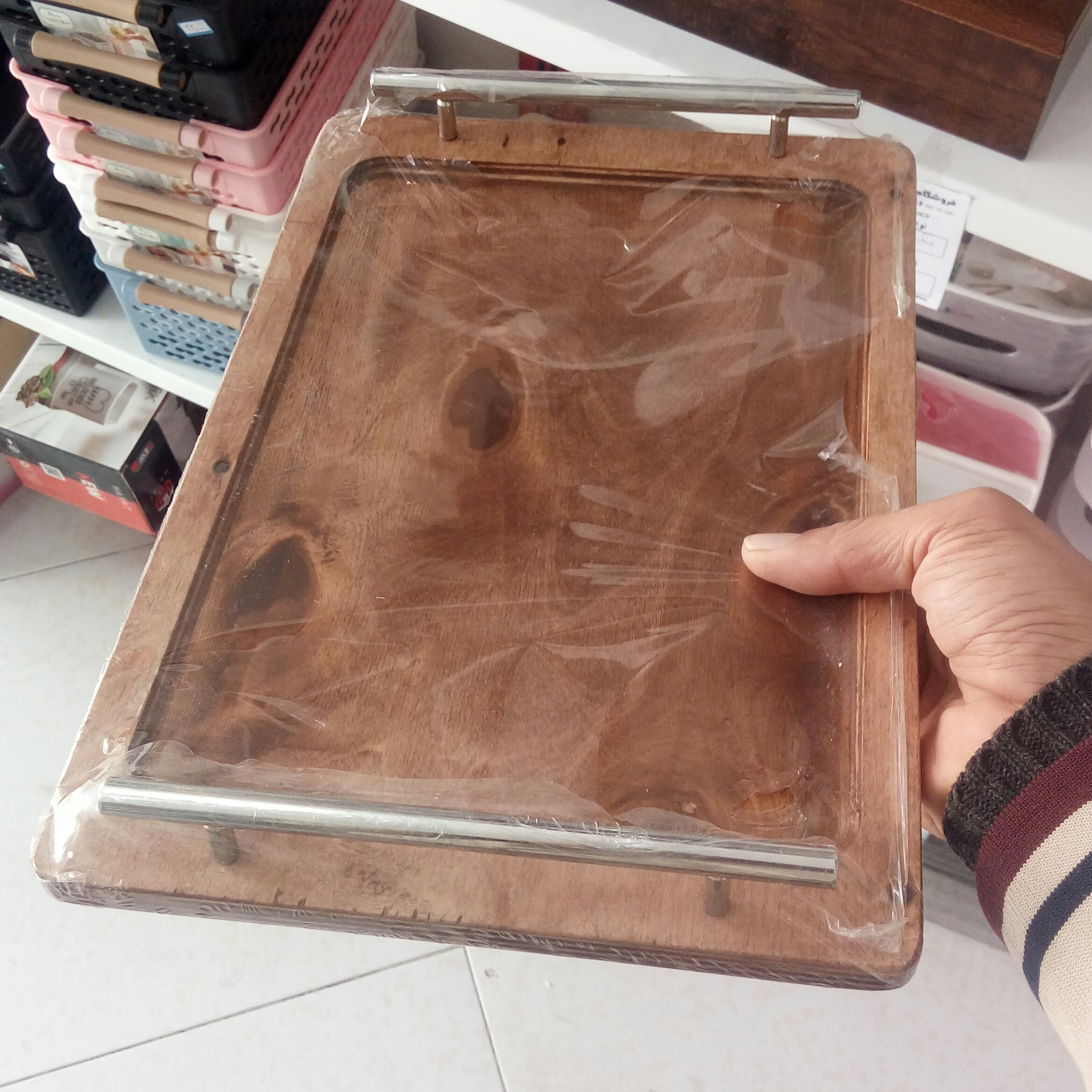 سینی چوبی دسته فلزی