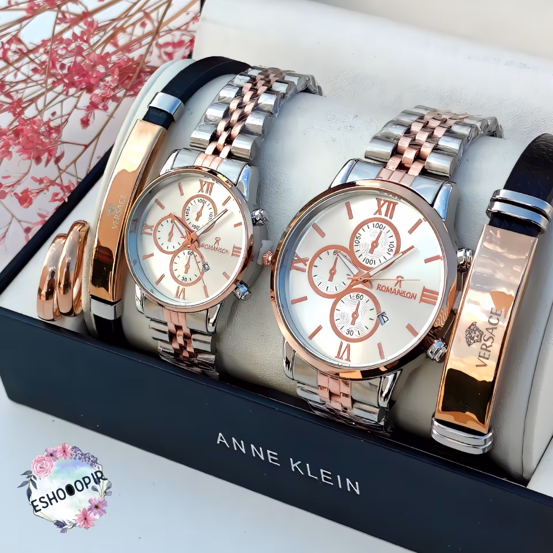 ساعت ست زنانه و مردانه رومانسون نقره ای رزگلد با دستبند و انگشتر