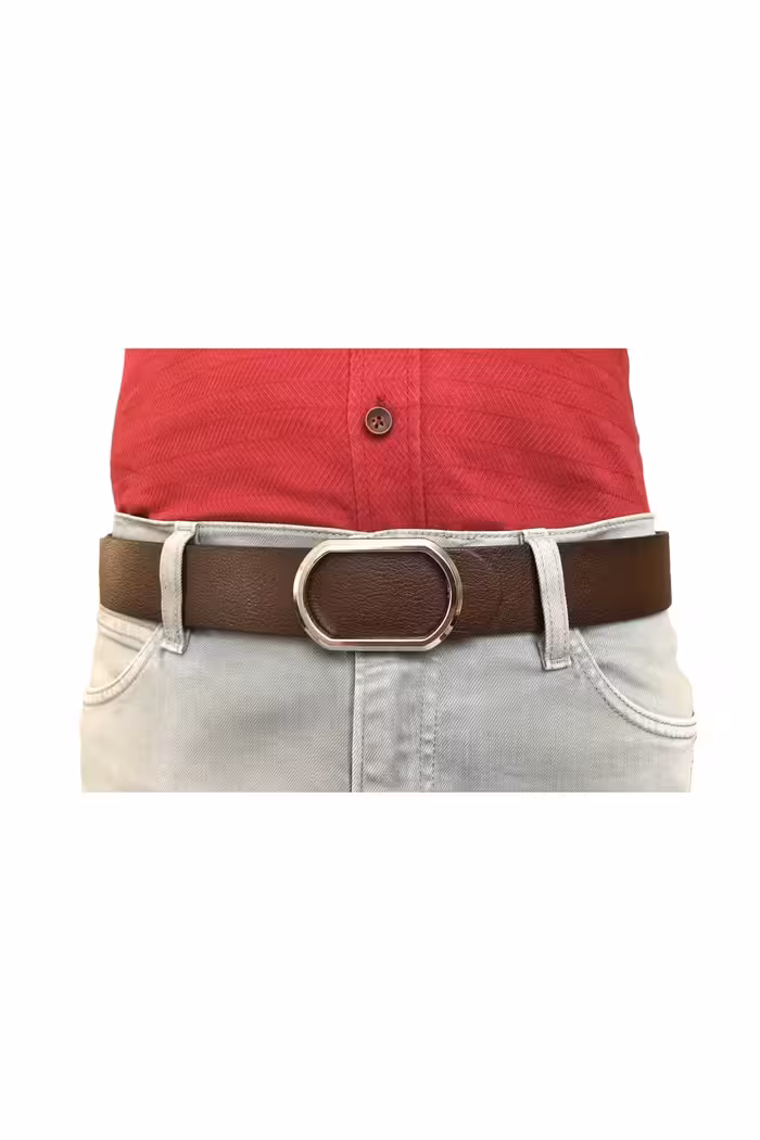 کمربند چند رنگ مردانه و زنانه چرم اصل جدید قهوه ای تیره بادوام با سگک نقره براق بیضی شکل 4 سانتی متر GoDeri