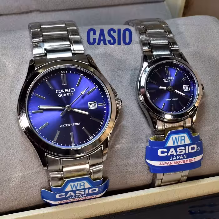 ست ساعت کاسیو صفحه آبی کمیاب  استیل مردانه و زنانه  کیفیت بالا CASIO بند دو رنگ