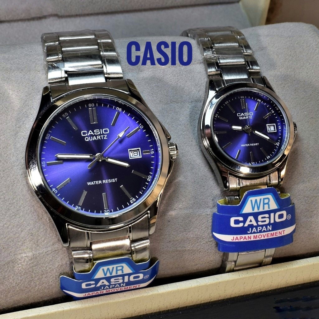 ست ساعت کاسیو صفحه آبی کمیاب  استیل مردانه و زنانه  کیفیت بالا CASIO بند دو رنگ