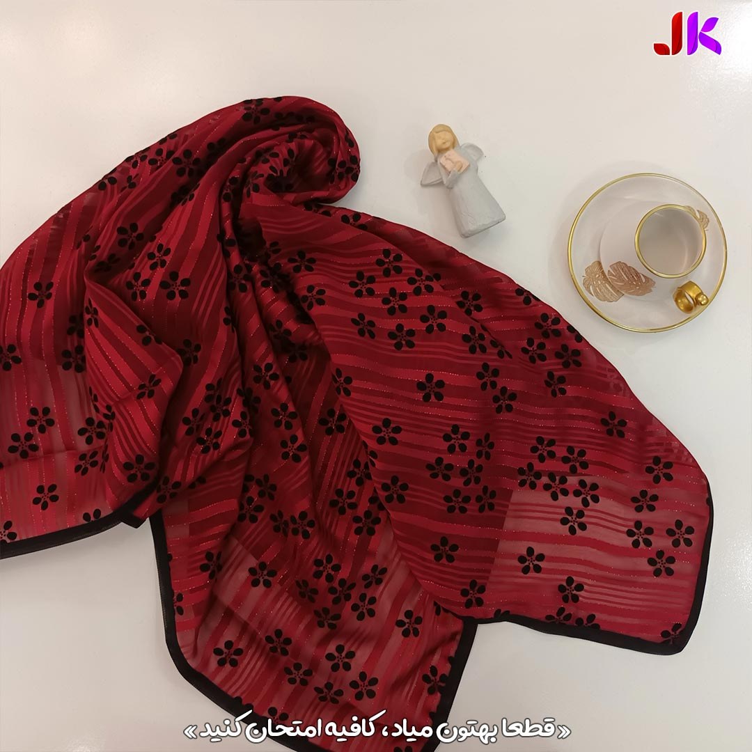 روسری حریر کرپ قرمز طرح برگ مینی اسکارف قواره 75 نوار دوخت چهار فصل روسری لند