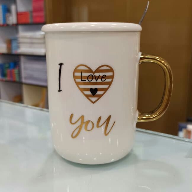 ماگ سرامیکی درب دار به همراه قاشق استیل