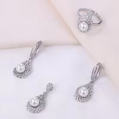 نیم ست نقره عیار 925 مروارید اصل زنانه کد 16021