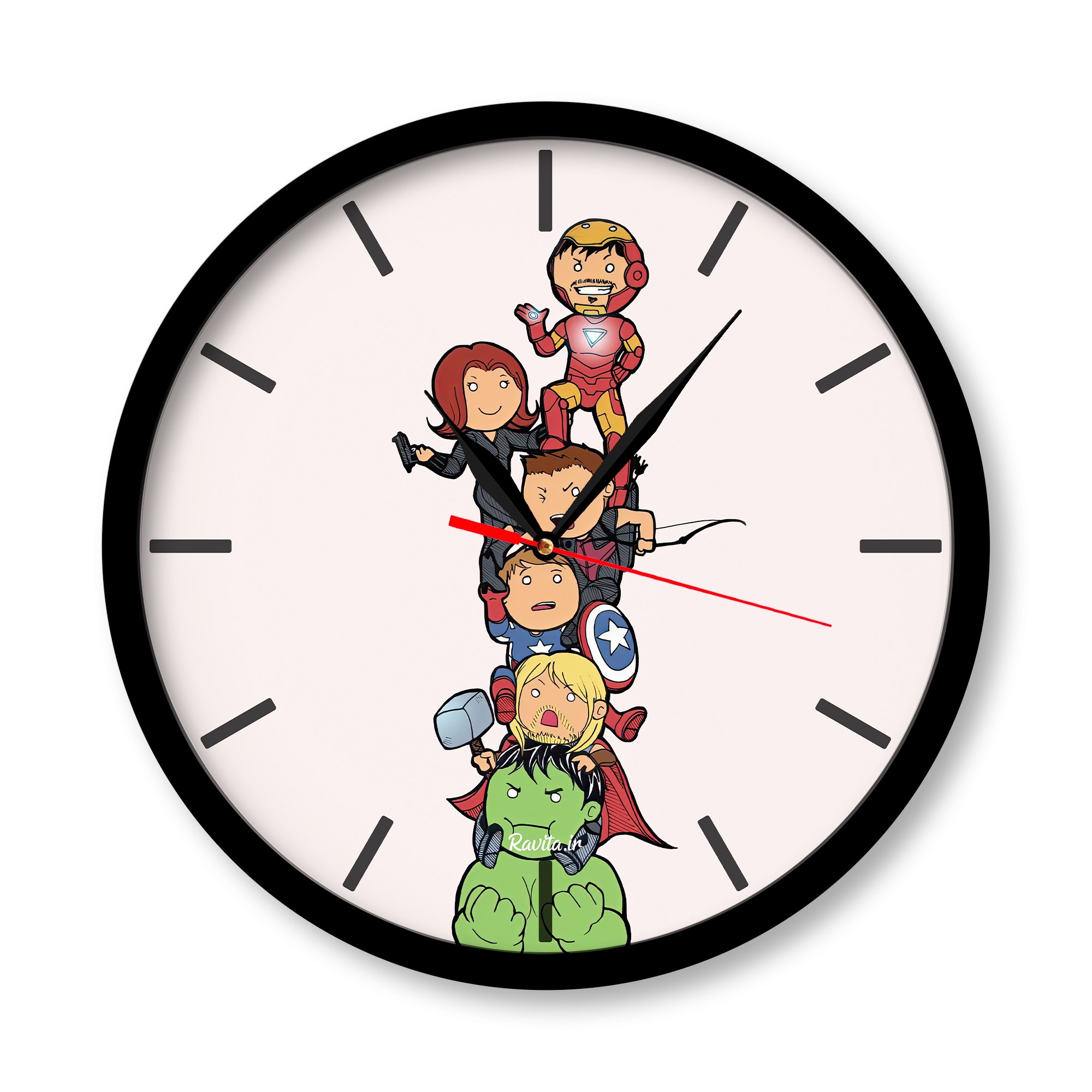 ساعت دیواری راویتا مدل انتقام جویان کد 3374  در رنگ های مشکی و سفید 