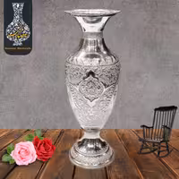 گلدان خمره ای بزرگ  تک قلمزنی گل و مرغ  اعلاء سفید طرح نقره