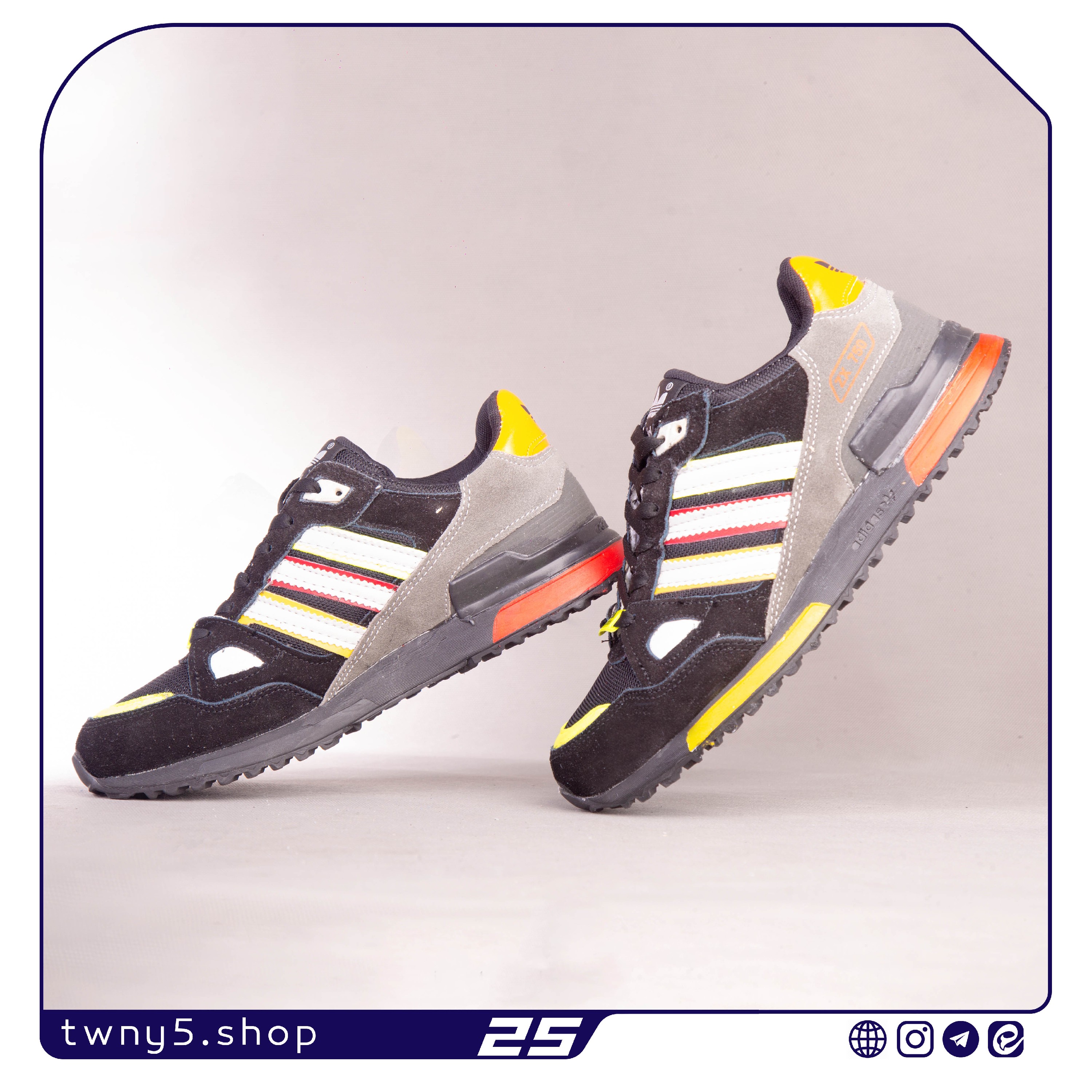 کتونی مردانه مدل آدیداس zx750 رنگ مشکی طوسی زرد سایزبندی 41 الی 44 قالب این کتونی یک سایز کوچک تر از استاندارد است