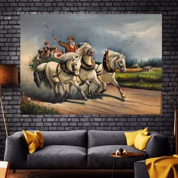  نقاشی رنگ روغن کاروان شادی 100 در 70 بوم و قاب چوبی