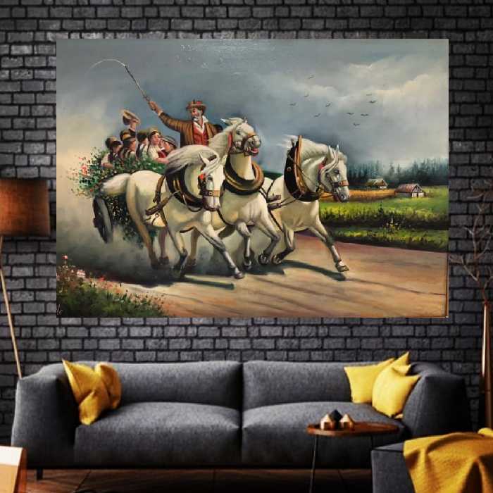  نقاشی رنگ روغن کاروان شادی 100 در 70 بوم و قاب چوبی