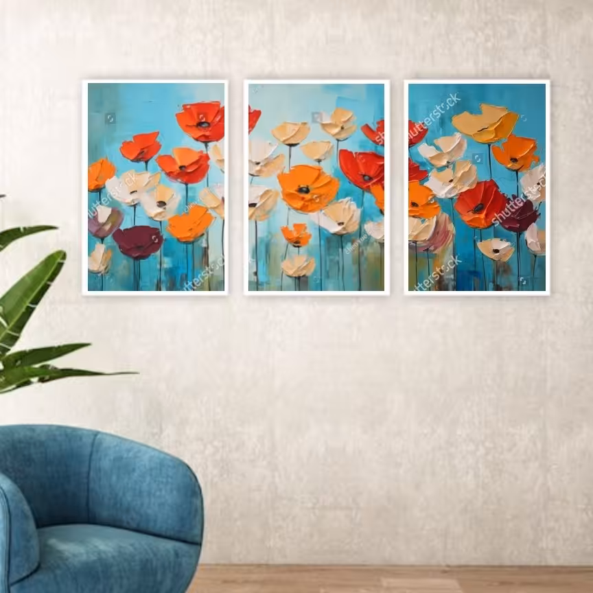تابلو دکوراتیو طرح نقاشی گلهای نارنجی وقرمز سه تکه 