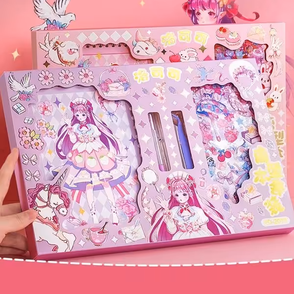 ست هدیه 10 تکه فانتزی  استیکر و دفتر  دخترانه در دو رنگ بنفش و صورتی وارداتی و با کیفیت طرح انیمه