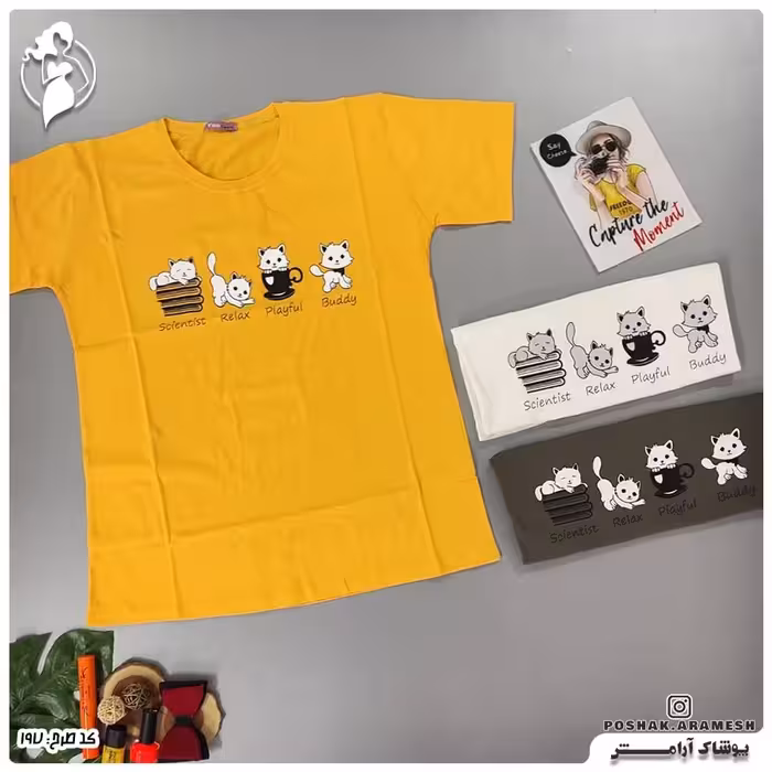 تیشرت نخ و پنبه سوپر 4 گربه نخ و پنبه با تضمین چاپ و کیفیت عالی فری سایز
